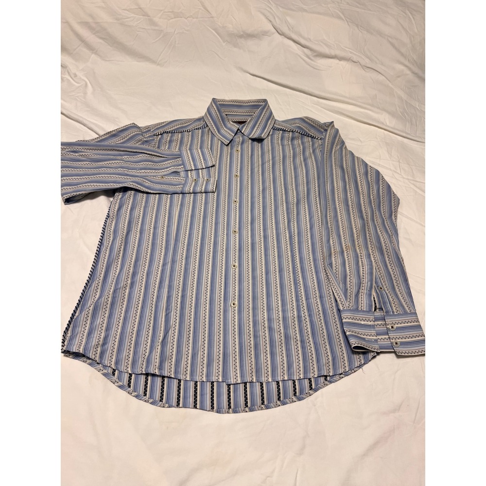 7 Diamonds Mens Blue White Striped Embroidered Long Sleeve Button Down Shirt XL